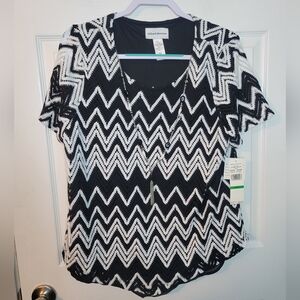 Alfred Dunner Top Womens Large Black White Zig Zag Crochet Short Sleeve Blouse